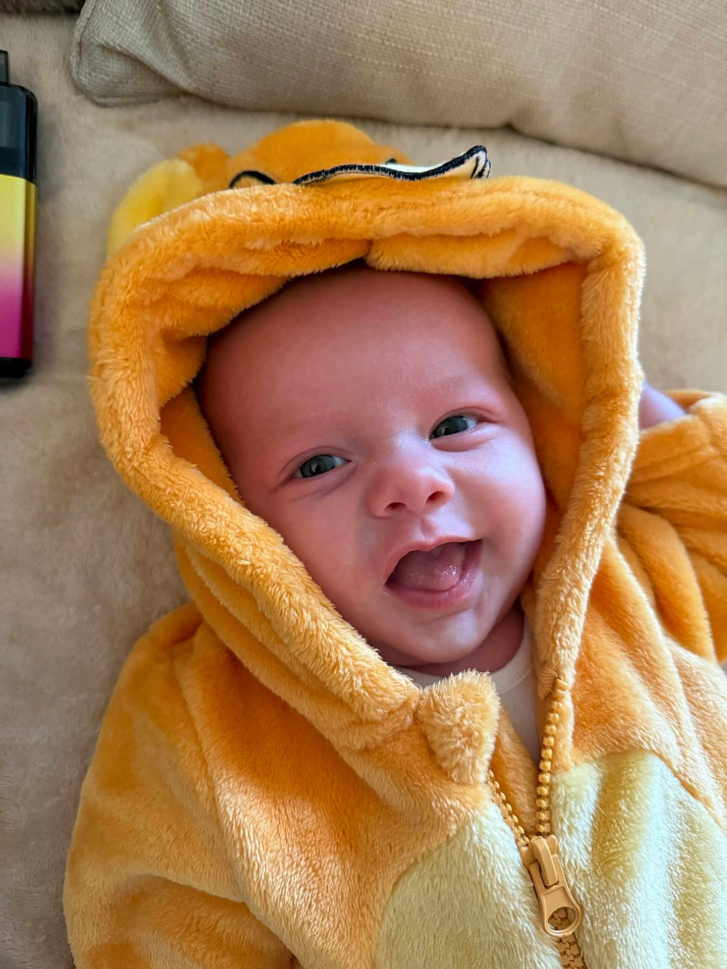 Frankie joined the competition — help win amazing prizes! baby, smiling, hood, yellow_clothing, infant, face, happy, soft_texture, zipper, portrait, cute, child, young, indoors, cozy, apparel, person, expression, warm, blanket