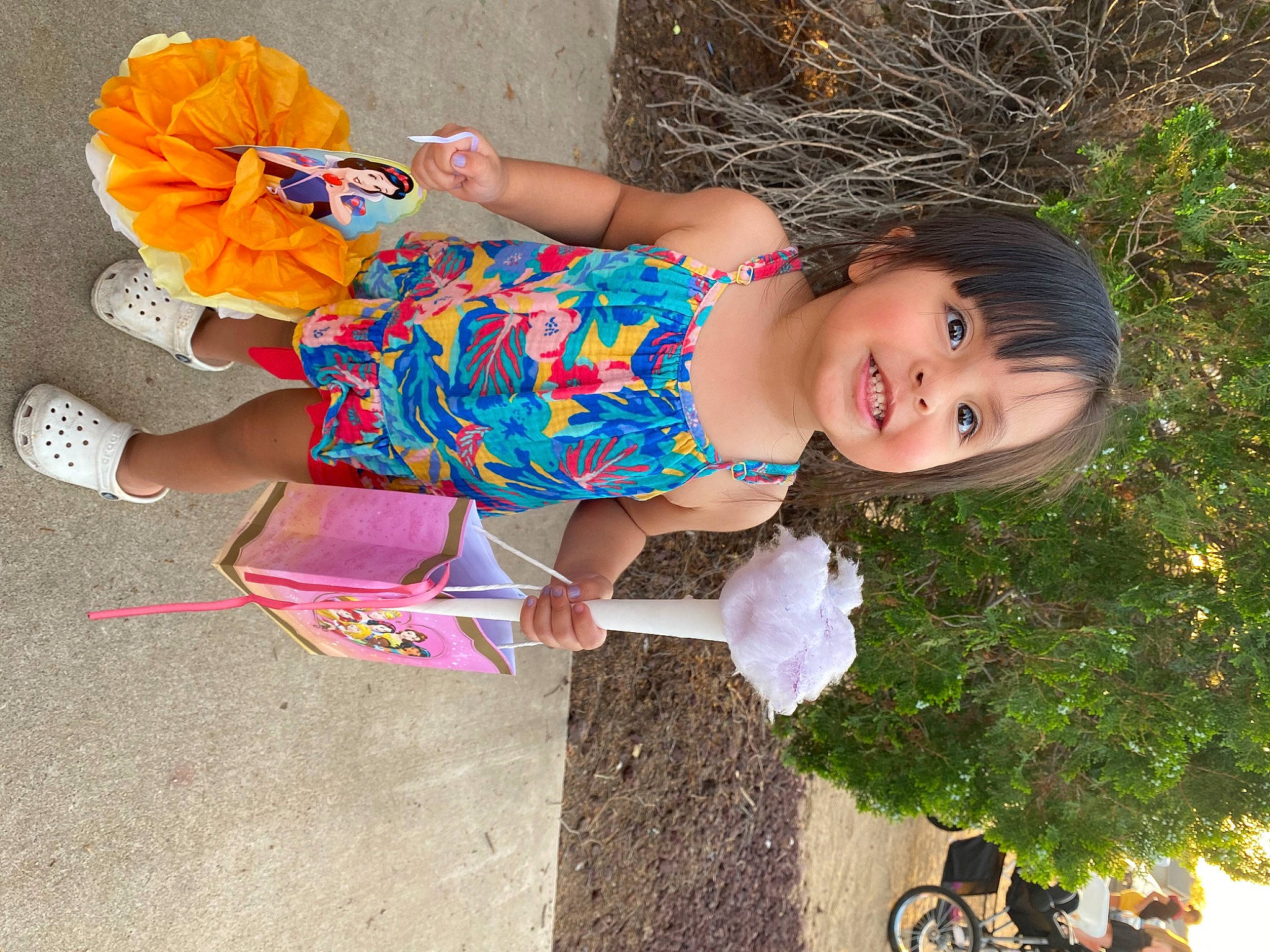 Alize joined the competition — help win amazing prizes! baby_toddler_clothing, child, fun, grass, happy, human_leg, joy, leisure, orange, people_in_nature, person, pink, plant, recreation, sandal, skin, thigh, tire, toddler, tree