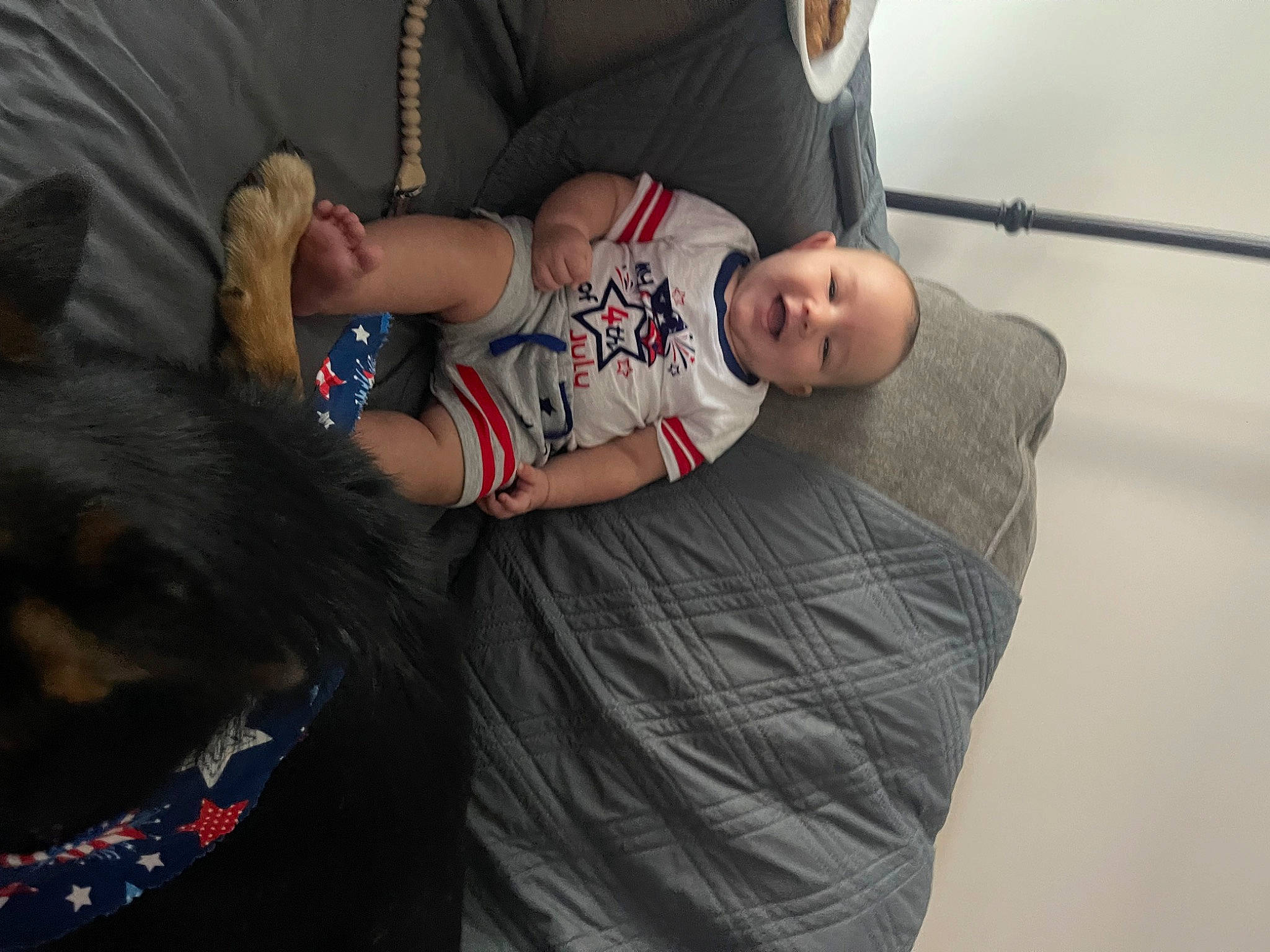 Kane is registered to the contest to win money with this photo: abdomen, arm, child, comfort, companion_dog, couch, elbow, felidae, fun, fur, human_leg, knee, lap, leg, leisure, person, sitting, t_shirt, thigh, toddler