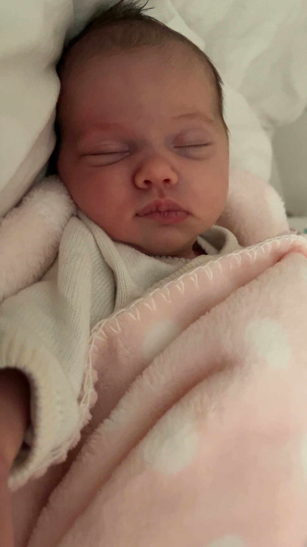Sofia participe au concours pour gagner de l'argent avec cette photo : baby, newborn, sleeping, blanket, pink, polka_dot, face, closed_eyes, soft, cozy, infant, wrapped, bed, pale_skin, peaceful, clothing, cute, rest, young, portrait