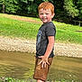 child, boy, red_hair, smiling, shorts, tshirt, water, riverbank, grass, pebbles, nature, outdoor, summer, playful, trees, daylight, person, happy, standing, casual