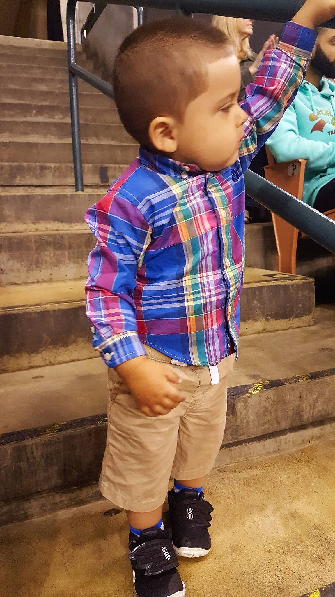 Elijah is registered to the contest to win money with this photo: child, child_model, cool, design, footwear, jeans, outerwear, pattern, person, plaid, shoe, sleeve, t_shirt, tartan, textile, toddler