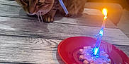 Bébé participe au concours pour gagner de l'argent avec cette photo : cat, party_hat, birthday_candle, red_plate, marshmallows, wooden_table, couch, indoor, pet, curious, feline, celebration, light_flame, cozy, animal, small_hat, furniture, tabletop, domestic, cute