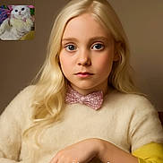 Poupée participe au concours pour gagner de l'argent avec cette photo : animal, blonde_hair, bow_tie, calm, child, closeup, cute, face, fair_skin, fluffy_cat, girl, human, indoor, looking_at_camera, pet, pink_accessory, portrait, soft_lighting, sweater, white_cat