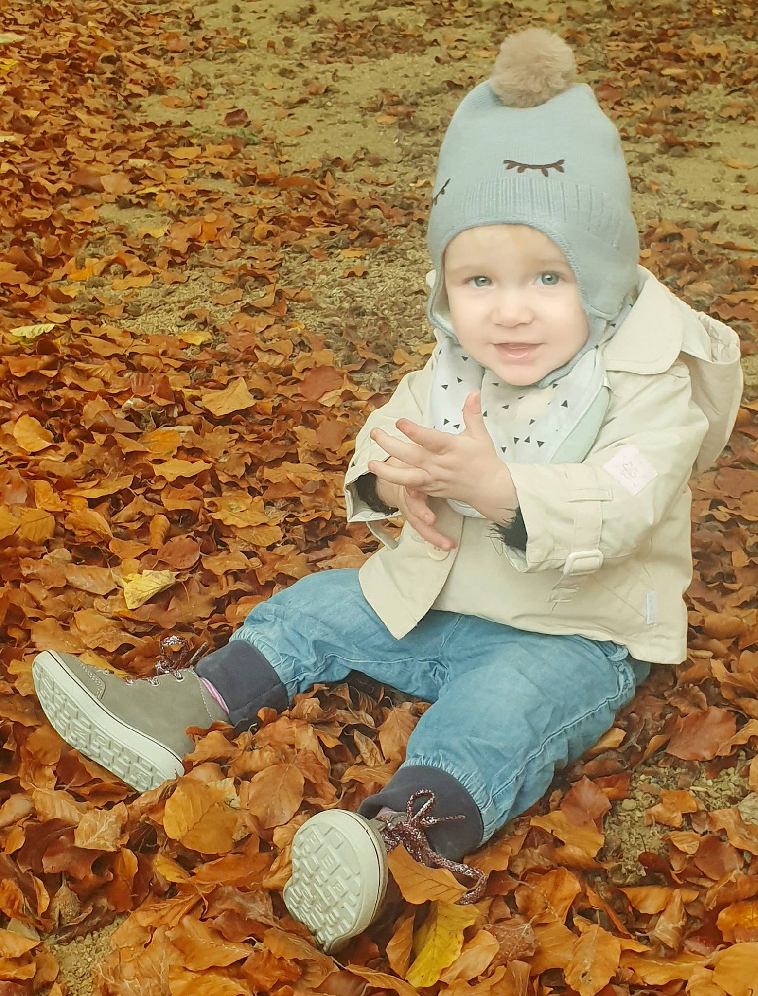Louna participe au concours pour gagner de l'argent avec cette photo : autumn, baby, baby_toddler_clothing, beanie, bonnet, deciduous, denim, headwear, hood, hoodie, people_in_nature, person, shoe, sitting, walking_shoe