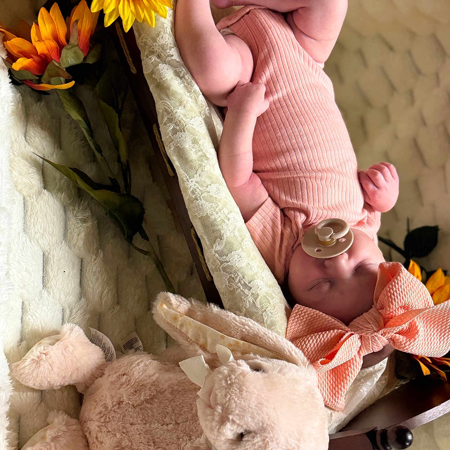Poetri is registered to the contest to win money with this photo: baby, basket, blanket, bow, child, cozy, cute, decor, headwear, indoors, infant, pacifier, peaceful, pink_outfit, plush_bunny, portrait, resting, sleeping, soft_toy, sunflower