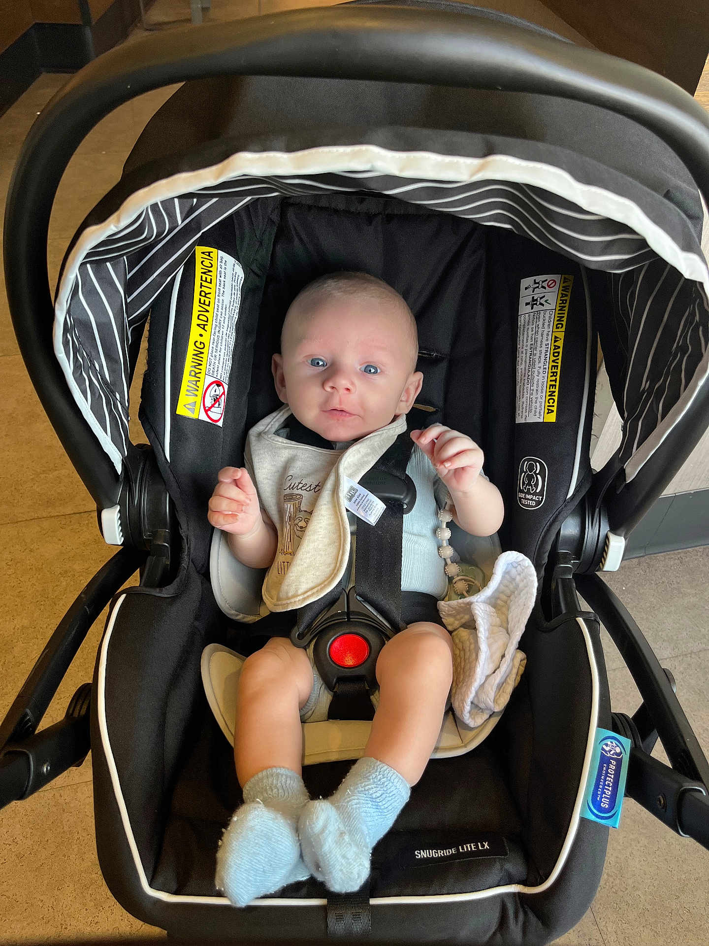Benjamin joined the competition — help win amazing prizes! baby, infant, child, car_seat, stroller_canopy, socks, buckle, seatbelt, blue_eyes, warning_label, striped_fabric, blanket, pacifier_clip, indoor, tile_floor, portrait, hands, facial_expression, clothing, newborn