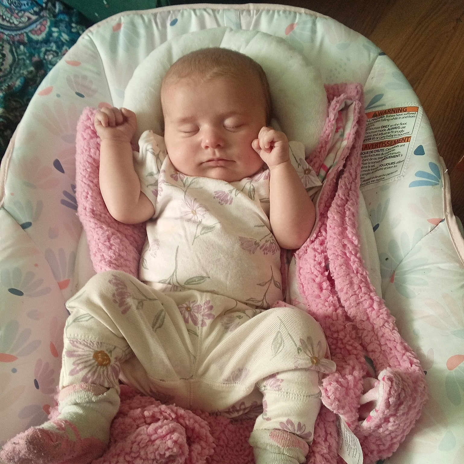 Beth joined the competition — help win amazing prizes! baby, blanket, bouncer, child, comfort, cozy, cute, floor, floral_pattern, head_support, indoor, infant, newborn, pajamas, peaceful, pink, resting, sleeping, sock, soft