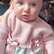 Isabella joined the competition — help win amazing prizes! baby, child, infant, pink_sweater, bows, knitted_clothing, dress, pastel_colors, blue_eyes, hand, portrait, indoor, soft_light, curious_expression, closeup, cute, person, newborn, seat, fabric