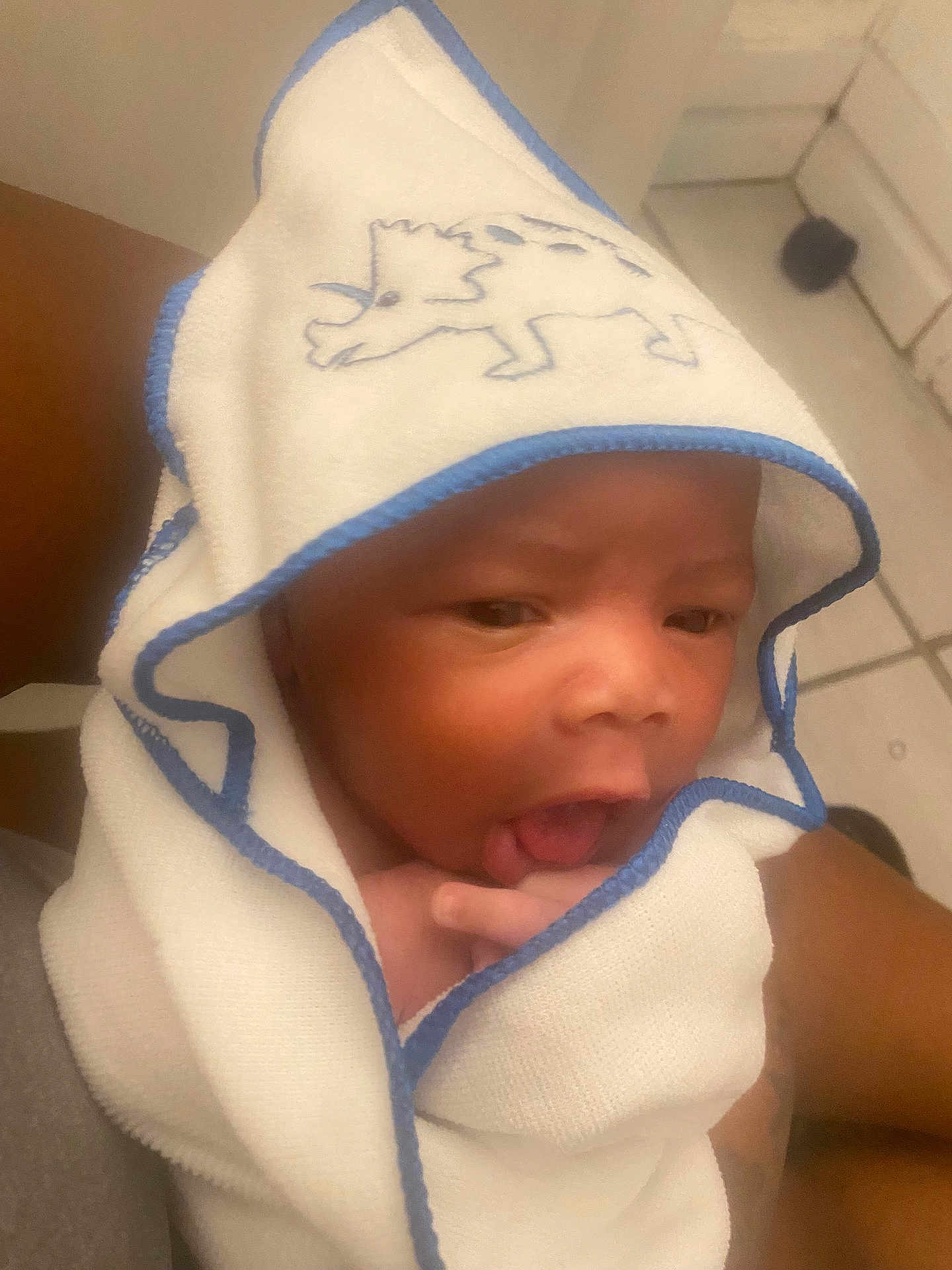 Jarez is registered to the contest to win money with this photo: baby, towel, hooded_towel, dinosaur, infant, face, tongue, hand, person, arm, skin, expression, indoor, floor, tile, holding, cute, child, newborn, soft