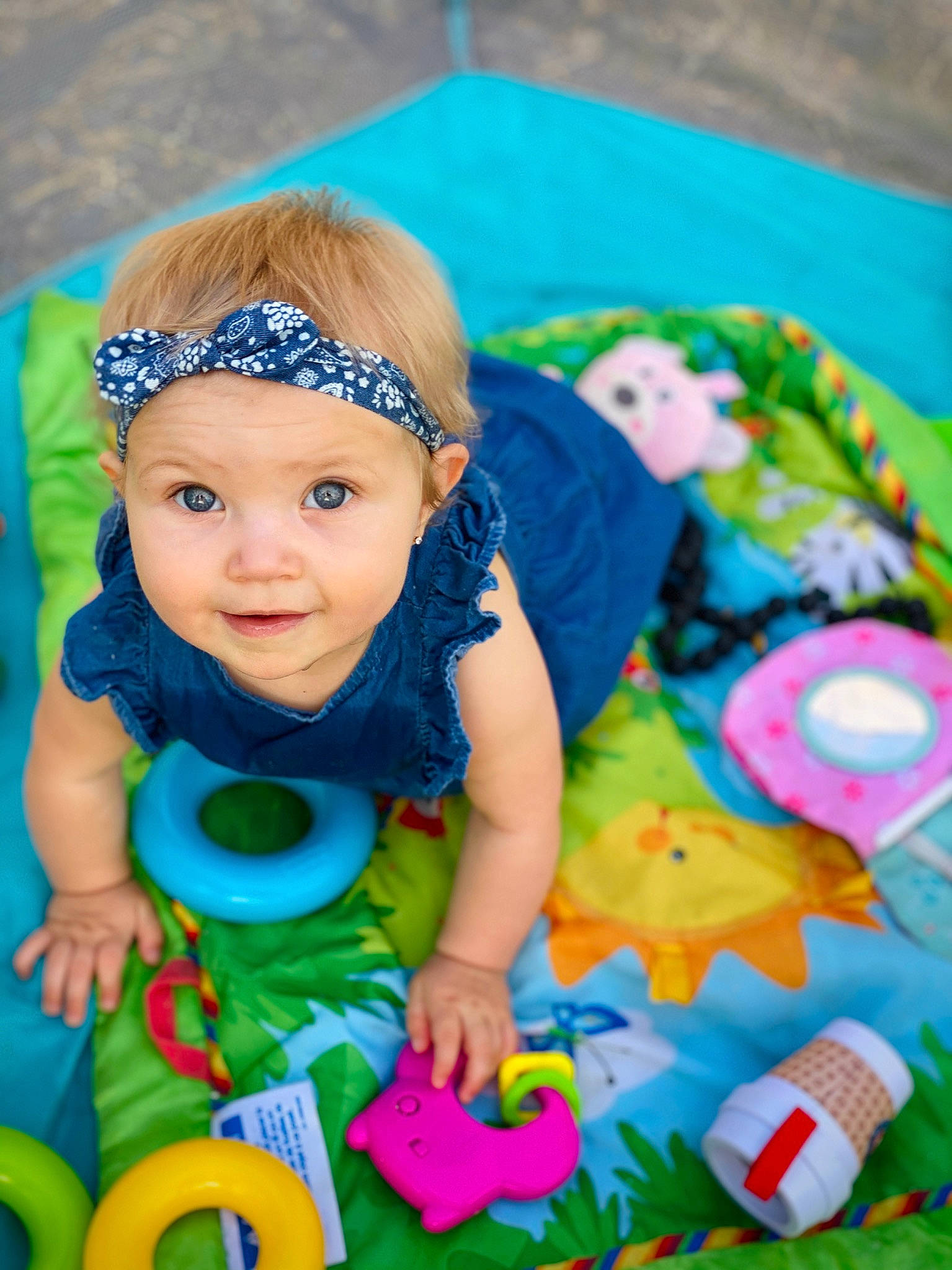 Stevie joined the competition — help win amazing prizes! baby, baby_playing_with_toys, baby_products, baby_toddler_clothing, baby_toys, child, fun, hair_accessory, headband, headwear, iris, joy, person, play, playmat, product, skin, smile, toddler, toy