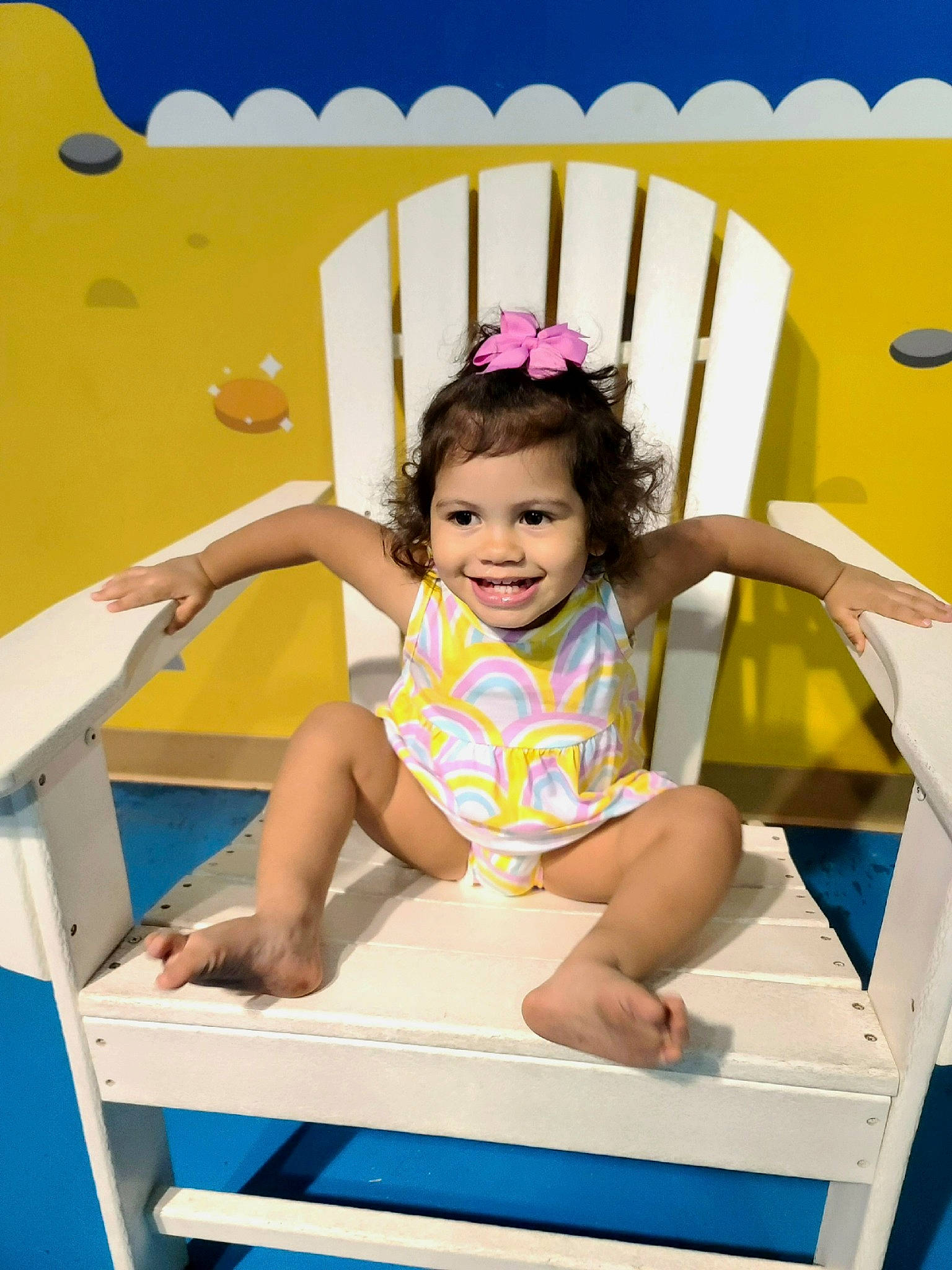 Adelynn joined the competition — help win amazing prizes! arm, baby_toddler_clothing, blue, child, fun, happy, human_leg, joy, leisure, magenta, person, play, room, shorts, sitting, skin, smile, t_shirt, thigh, toddler