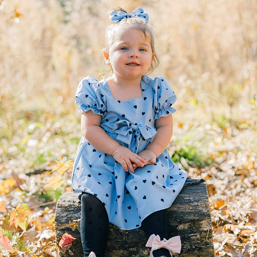 Kimber is registered to the contest to win money with this photo: child, girl, blue_dress, bow, log, autumn, leaves, outdoor, nature, smiling, sitting, shoes, black_tights, sunlight, forest, cute, happy, portrait, fall, daytime