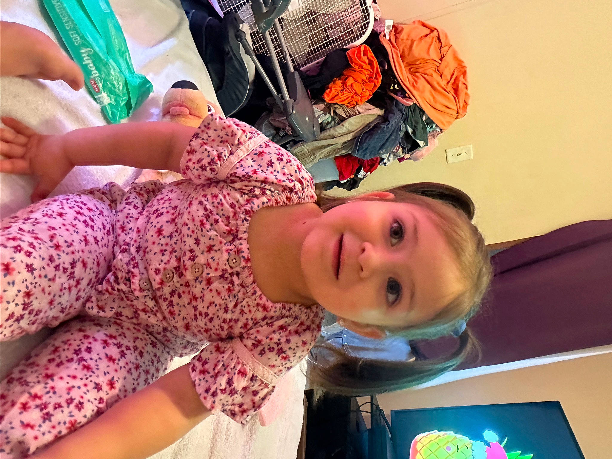 Alayna joined the competition — help win amazing prizes! baby_toddler_clothing, child, clothing, fun, happy, human_leg, joy, magenta, nightwear, pattern, peach, person, pink, room, skin, sleeve, smile, t_shirt, thigh, toddler