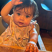 Eleanor joined the competition — help win amazing prizes! baby, child, cute, blue_eyes, dress, hand, wooden_table, curious, indoor, high_chair, soft_light, portrait, infant, furniture, person, skin, hair, closeup, expression, table