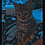 animal, bell, blurry, brown, cat, closeup, collar, cute, dim_light, domestic_animal, feline, furry, grainy, indoor, pet, portrait, sitting, striped, tabby_cat, whiskers