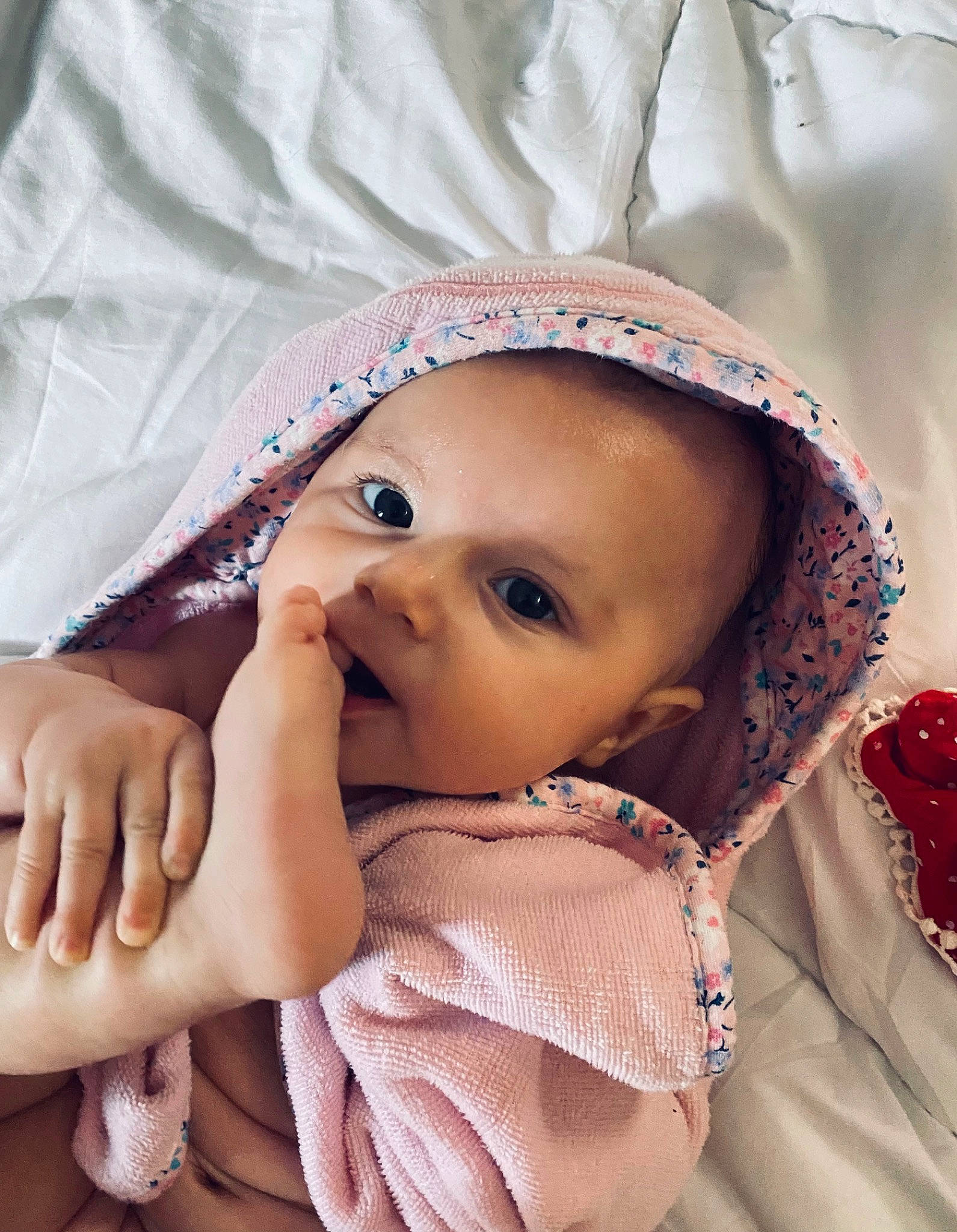 Haven is registered to the contest to win money with this photo: baby, baby_toddler_clothing, cheek, chin, comfort, eye, eyebrow, eyelash, face, finger, gesture, happy, headgear, iris, lip, mouth, person, pink, skin, toddler