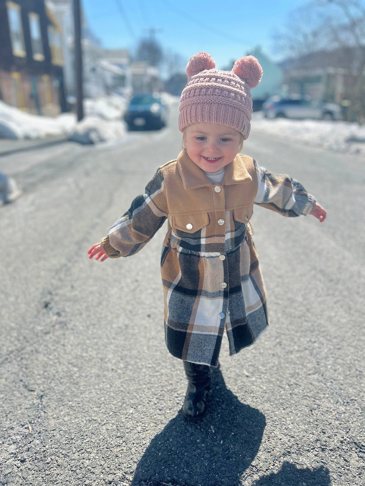 Haven joined the competition — help win amazing prizes! asphalt, cap, freezing, fun, happy, headwear, joy, landscape, pattern, pedestrian, person, plaid, recreation, road, road_surface, sidewalk, sky, smile, tartan, toddler