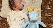 Soren is registered to the contest to win money with this photo: animal_print, baby, bedspread, blue, brown, child, cozy, cute, floral_pattern, indoors, infant, moose, onesie, peaceful, pillow, plush_toy, resting, sleeping, soft_texture, yellow_antlers