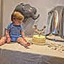 baby, balloon, birthday, cake, candle, child, elephant_balloon, face, first_birthday, food, furniture, party, person, portrait, shirt, shorts, table, tablecloth, toddler, toy