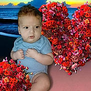 Issam participe au concours pour gagner de l'argent avec cette photo : baby, background, beach, blue_onesie, child, clouds, cute, flower_arrangement, heart_shape, indoor, infant, nature, ocean, orange_flowers, pink_flowers, portrait, red_flowers, sitting, sky, sunset