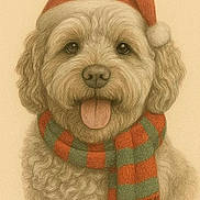 Marnie is registered to the contest to win money with this photo: animal, canine, christmas_hat, cozy, cute, dog, drawing, festive, fluffy, fur, green, holiday, illustration, portrait, red, scarf, seasonal, tongue_out, warm, winter