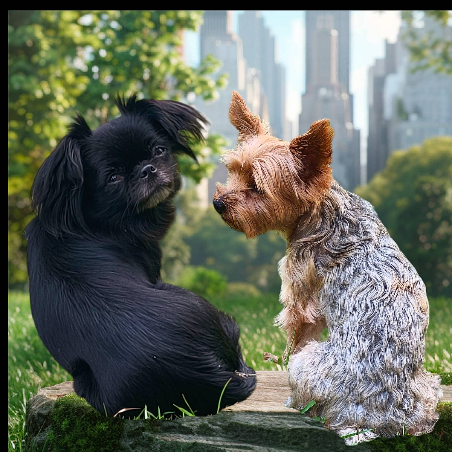 Onix participe au concours pour gagner de l'argent avec cette photo : animal, background_blur, black_dog, city_skyline, companion, curious, cute, daylight, dog, fur, grass, nature, outdoor, park, pet, sitting, small_dog, stone, tan_dog, urban