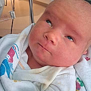 Brayden joined the competition — help win amazing prizes! baby, newborn, infant, blanket, hospital, medical_equipment, face, portrait, white_clothing, curious_expression, wrapped, indoors, cute, child, person, skin, head, eyes, newborn_baby, hospital_room