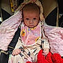 Bella participe au concours pour gagner de l'argent avec cette photo : baby, blanket, butterfly_pattern, car_seat, child, clothing, comfort, cute, expression, face, hand, indoor, infant, newborn, person, pink_bib, portrait, red_blanket, seatbelt, soft_texture