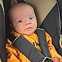 baby, infant, car_seat, child, seat_belt, orange_clothing, hand, purple_nail_polish, safety, resting, cute, small_hands, portrait, indoor, closeup, child_seat, car, secure, young_child, face