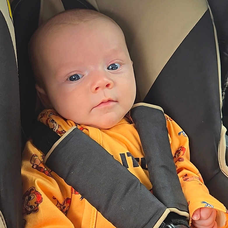 Bella a rejoint le concours — aidez-le/la à gagner de superbes lots ! baby, car, car_seat, child, child_seat, closeup, cute, face, hand, indoor, infant, orange_clothing, portrait, purple_nail_polish, resting, safety, seat_belt, secure, small_hands, young_child