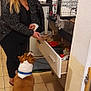 Bobby a rejoint le concours — aidez-le/la à gagner de superbes lots ! black_clothing, blue_collar, brown_dog, cabinet, cage, curious, dog, drawer, feeding, floor_mat, food_container, glasses, indoor, kitchen, pet, pipe, rabbit, tile_floor, white_markings, woman