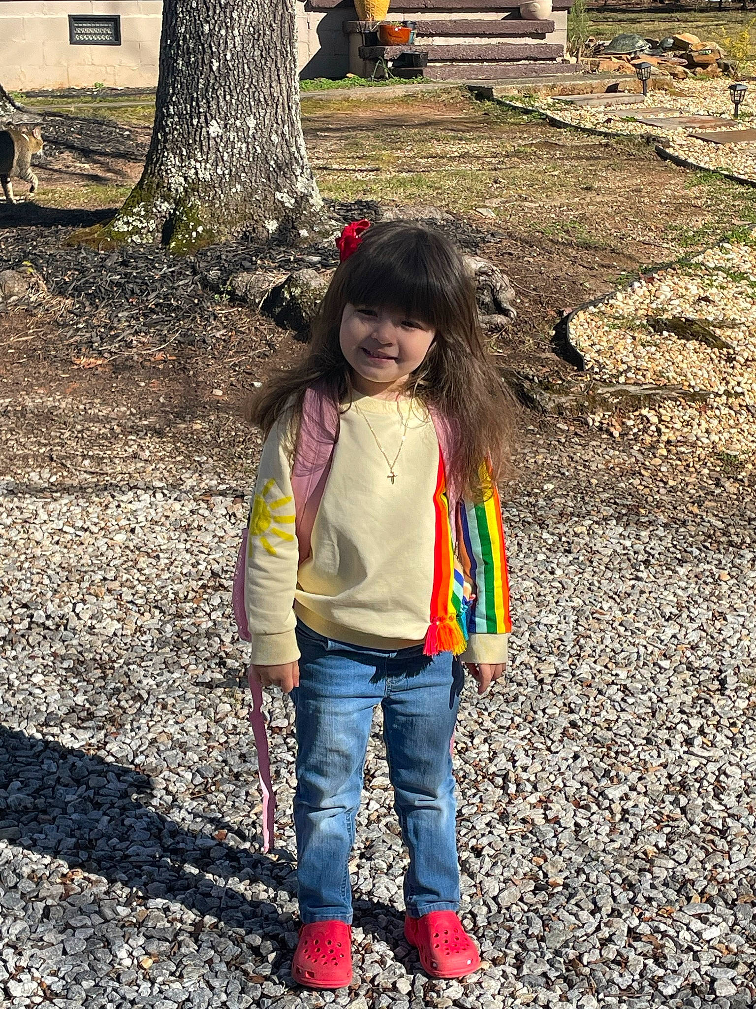 Olive joined the competition — help win amazing prizes! bench, child, city, denim, facial_expression, fun, grass, happy, jacket, jeans, joy, leisure, pattern, people_in_nature, person, recreation, road_surface, soil, tints_and_shades, toddler