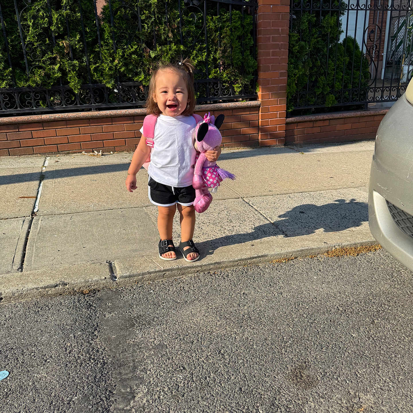 Celeste joined the competition — help win amazing prizes! toddler, child, sidewalk, stuffed_toy, pink, backpack, smile, sunlight, outdoor, concrete, fence, greenery, brick_wall, shoes, shorts, white_shirt, happy, person, shadow, urban