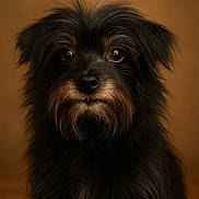 Chloe is registered to the contest to win money with this photo: dog, portrait, black_fur, brown_fur, fluffy, closeup, pet, animal, cute, mammal, whiskers, ears, face, furry, looking_at_camera, studio, warm_background, soft_lighting, expression, adorable