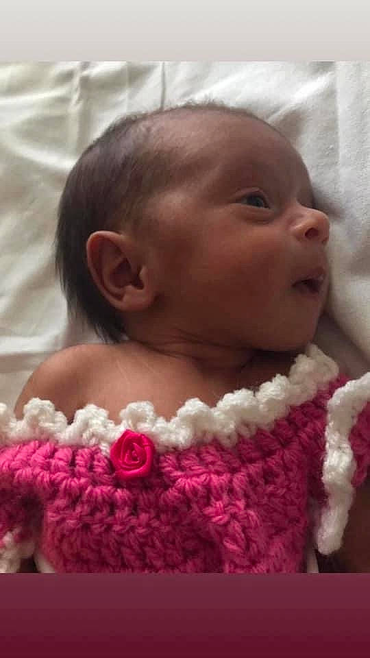 Arabella Rose joined the competition — help win amazing prizes! baby, baby_toddler_clothing, cheek, child, craft, creative_arts, ear, eyebrow, forehead, knitting, lip, magenta, organ, pattern, person, photograph, pink, skin, textile, toddler