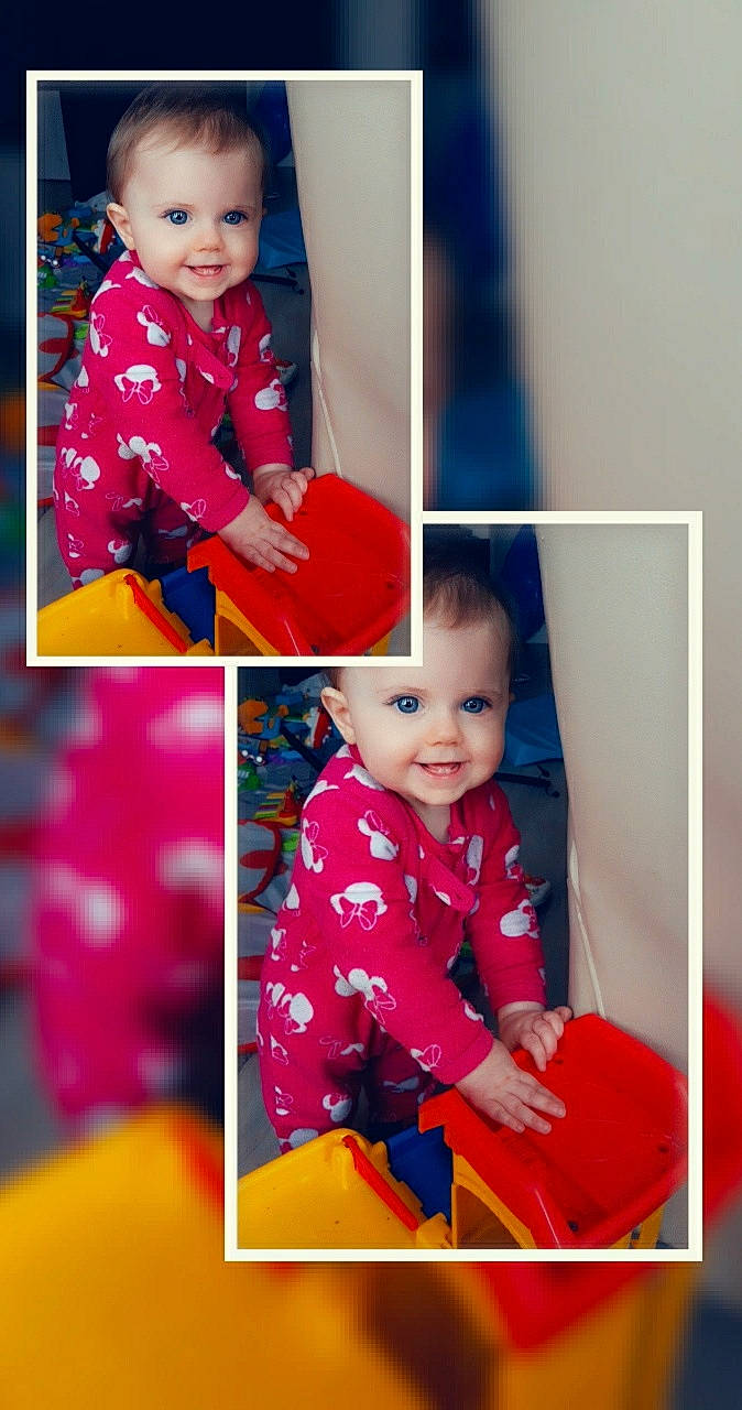 Cataleya participe au concours pour gagner de l'argent avec cette photo : baby, baby_toddler_clothing, blue, face, facial_expression, gesture, happy, human, joy, organ, outerwear, person, photograph, pink, product, purple, shirt, sleeve, smile, standing