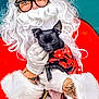 Rollie is registered to the contest to win money with this photo: santa_claus, dog, black_dog, plaid_clothing, tattoo, glasses, white_beard, red_suit, gloves, holiday, festive, portrait, smiling, indoor, cute, pet, costume, celebration, person, holding