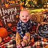 baby, child, infant, five_months, smiling, happy, portrait, autumn, fall, pumpkins, leaves, hay_bale, plaid_blanket, rustic, outdoor, seasonal, chalkboard, milestone, sitting, barefoot