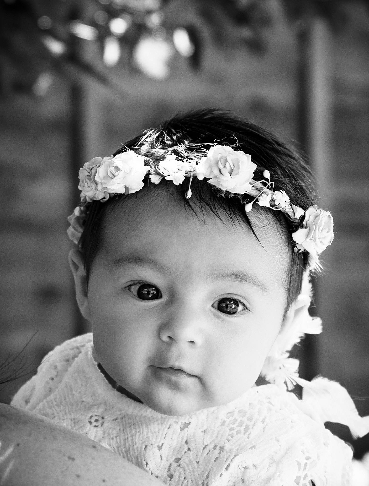 Isobel joined the competition — help win amazing prizes! baby, black_and_white, child, dress, eye, face, fashion_accessory, hair_accessory, head, headgear, headpiece, monochrome, monochrome_photography, people, person, photograph, photography, portrait_photography, snapshot, toddler