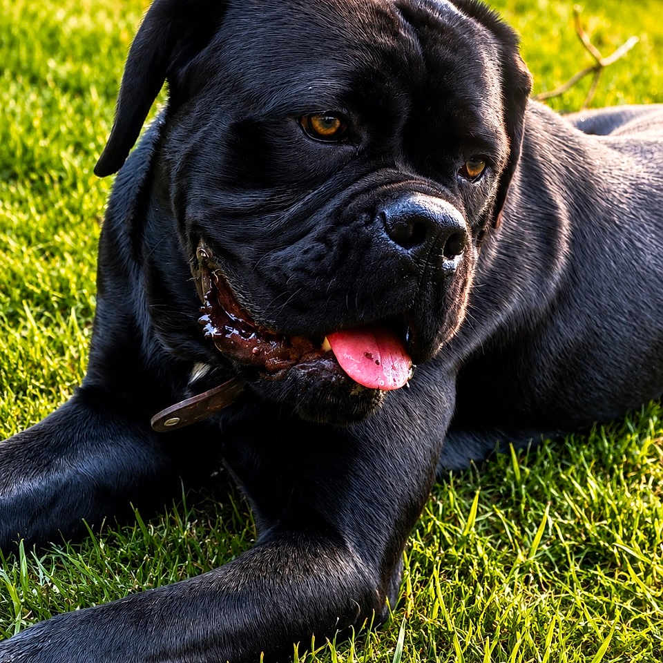 Aby participe au concours pour gagner de l'argent avec cette photo : dog, black_dog, grass, tongue_out, outdoor, pet, animal, sunlight, playing, relaxed, canine, muzzle, ears, collar, nature, summer, fur, portrait, laying, friendly