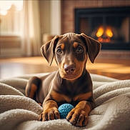Rexx a rejoint le concours — aidez-le/la à gagner de superbes lots ! doberman_puppy, dog, puppy, blanket, blue_ball, fireplace, indoor, cozy, warm, fur, pet, animal, cute, snout, ears, paw, floor, home, relaxing, comfort