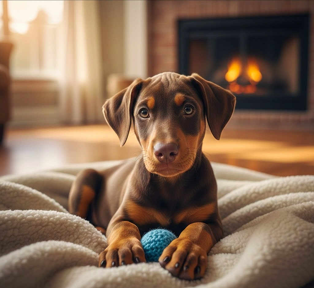 Rexx a rejoint le concours — aidez-le/la à gagner de superbes lots ! doberman_puppy, dog, puppy, blanket, blue_ball, fireplace, indoor, cozy, warm, fur, pet, animal, cute, snout, ears, paw, floor, home, relaxing, comfort