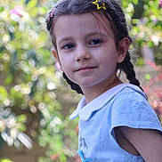 Aylin joined the competition — help win amazing prizes! child, girl, braids, hair_clips, outdoor, garden, flowers, greenery, portrait, smile, blue_dress, collar, sunlight, nature, young, cute, happy, face, childhood, peaceful