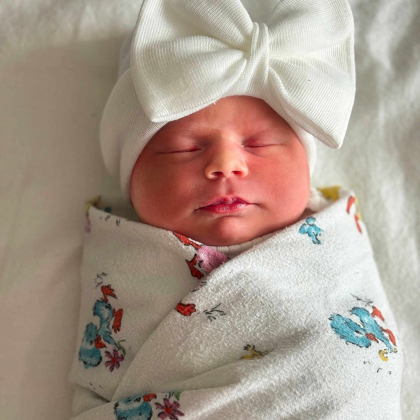 Olivia joined the competition — help win amazing prizes! baby, blanket, bow, child, closeup, clothing, cozy, cute, face, hat, headwear, indoors, infant, newborn, peaceful, portrait, resting, sleeping, soft, wrapped