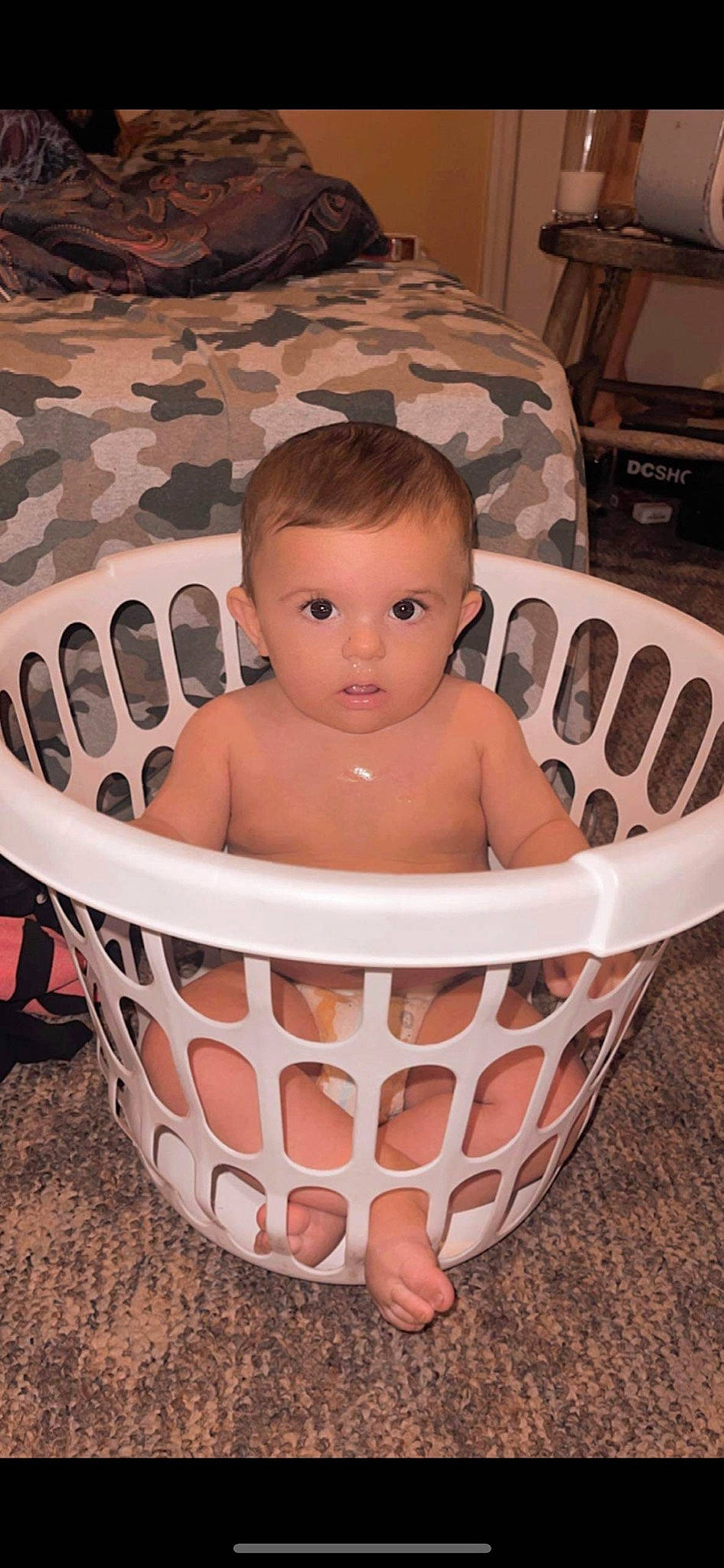 Brandyn is registered to the contest to win money with this photo: baby, baby_products, baby_safety, baby_toddler_clothing, basket, bathing, bib, cheek, chest, child, chin, comfort, eye, eyelash, head, infant_bed, laundry_basket, person, product, sitting