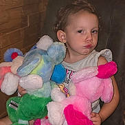 Aimee a rejoint le concours — aidez-le/la à gagner de superbes lots ! chair, child, clothing, colorful, cozy, cute, earring, expression, home, indoor, person, plush_toys, portrait, pout, sitting, soft_toys, stuffed_animals, toddler, toy, young