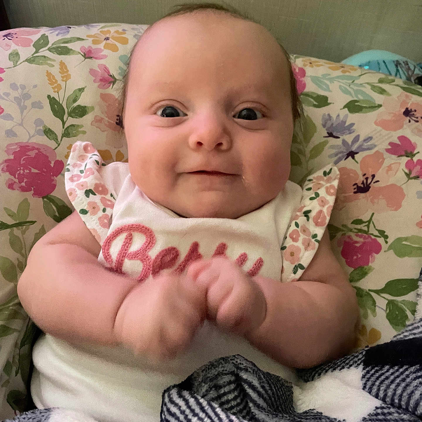Harper joined the competition — help win amazing prizes! baby, bed, bedroom, blanket, bodypart, cushion, face, finger, furniture, hand, head, homedecor, indoors, newborn, person, photography, portrait, quilt, room, sitting
