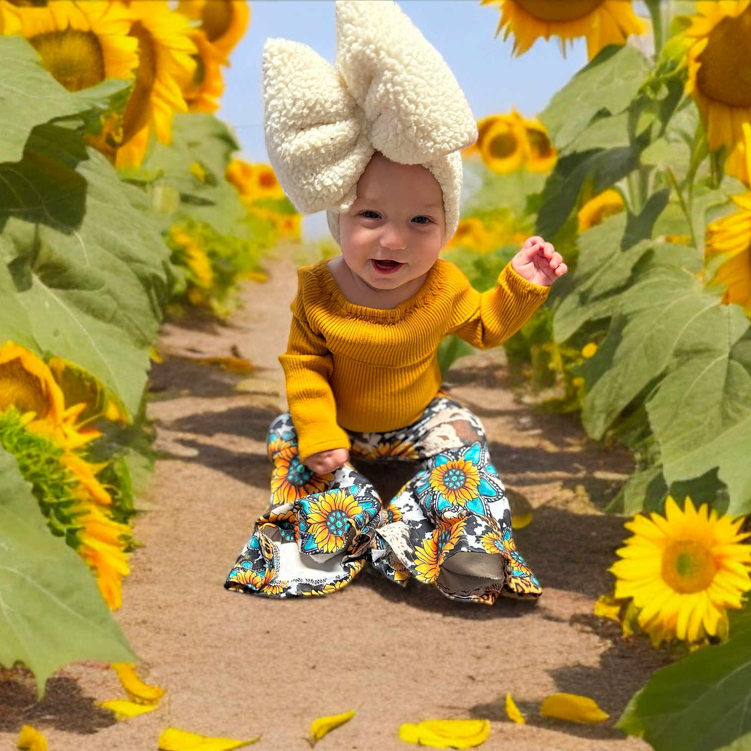 Zoey is registered to the contest to win money with this photo: baby, clothing, daisy, dress, face, flower, happy, hat, head, herbal, herbs, leaf, person, petal, photography, plant, portrait, sitting, summer, sunflower