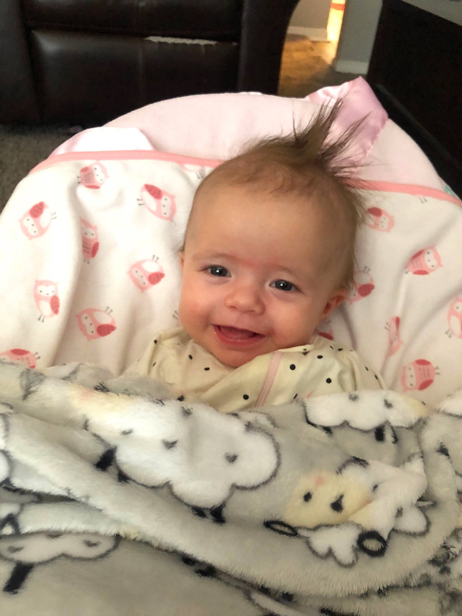 Haisley is registered to the contest to win money with this photo: baby, baby_toddler_clothing, cheek, child, comfort, eyebrow, face, happy, head, joy, linens, lip, mouth, nose, person, room, skin, sleeve, smile, textile